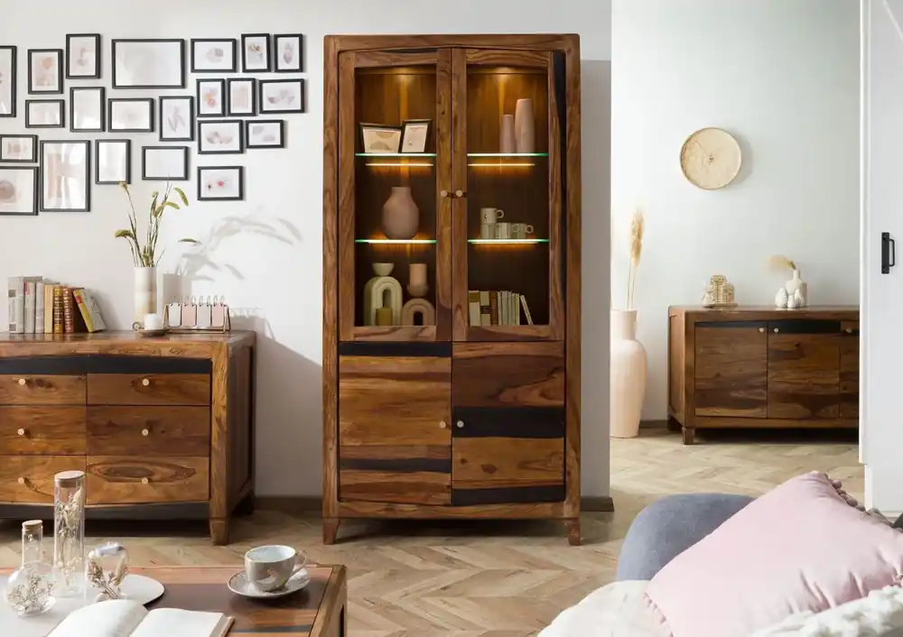 Ausverkauf Vitrine Sheesham 100x45x200 dunkelbraun lackiert ANCONA #235