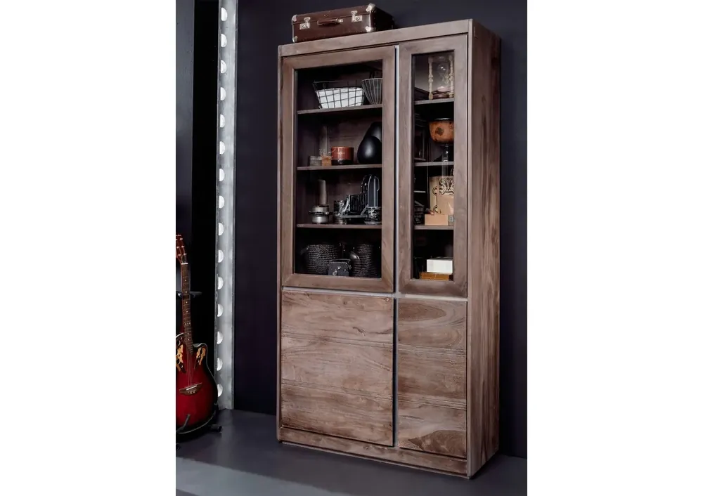 Vitrine Sheesham 102x40x205 smoked oak lackiert SYDNEY #201 Sonderangebot