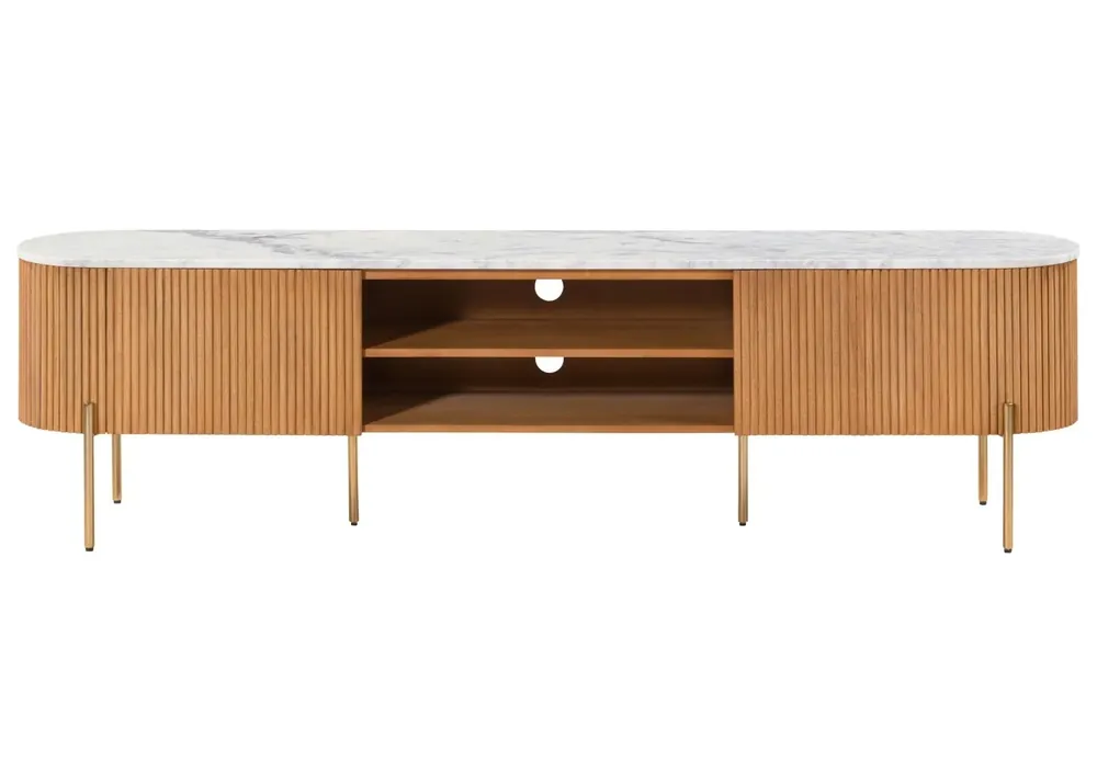 Preisknaller TV-Board Mango 200x36x51 natur lackiert / Marmor weiß BARCELONA #510