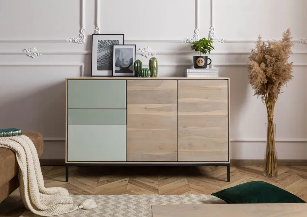 Kommode Akazie 134x45x85 grau-weiß geölt CHICAGO #07 Versand Am Gleichen Tag