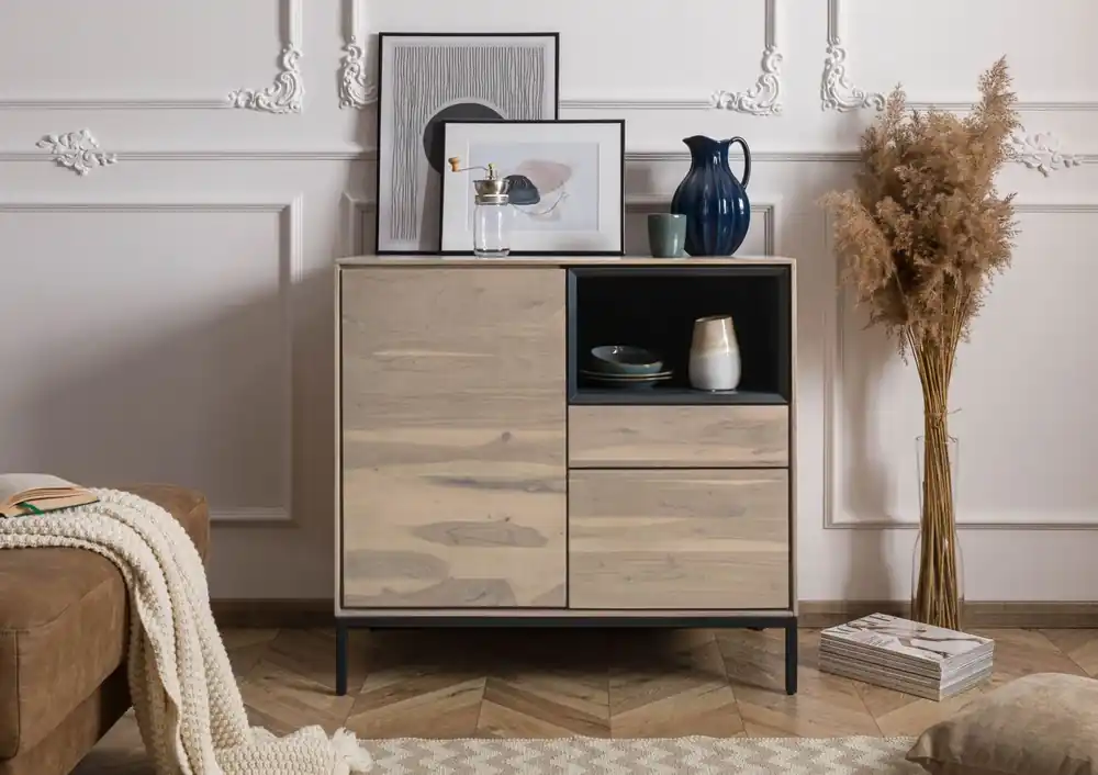 Kommode Akazie 90x45x85 grau-weiß geölt CHICAGO #08 Aktuell