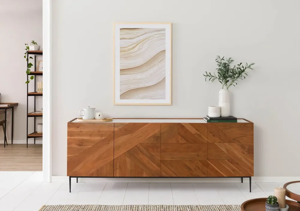 Sideboard Akazie 200x40x76 natur lackiert / Marmor weiß KARLSTAD #16 Bestseller