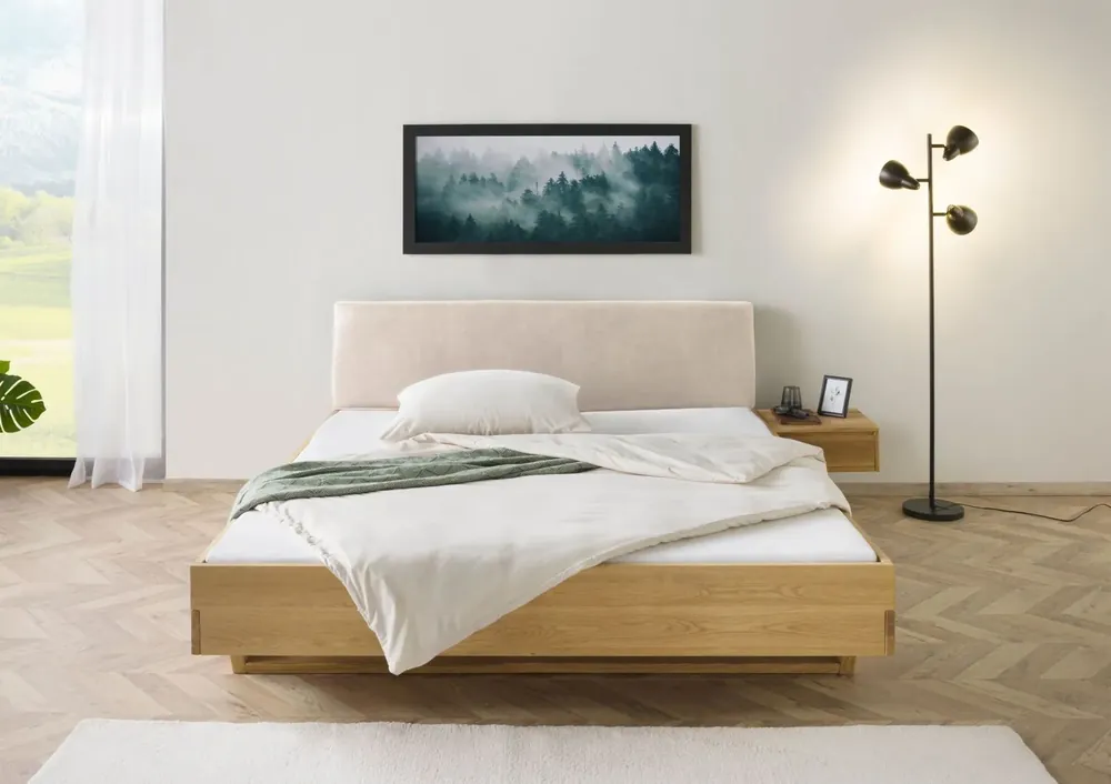 Bett mit Nachttisch Fichte 140x200x85 natur gebeizt / geölt, Kopfteil beige FICHTELBERG #141 Sichere Zahlung