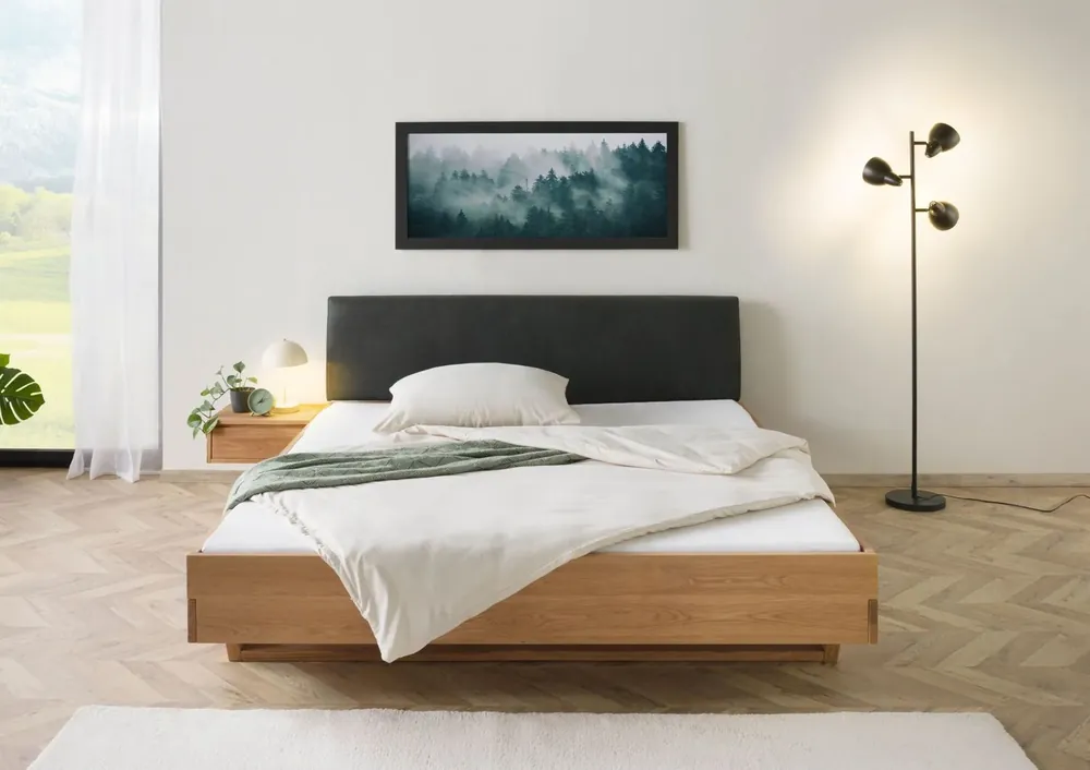 Bett mit Nachttisch links Eiche 140x200x85 natur geölt, Kopfteil anthrazit FICHTELBERG #49 Schneller Versand