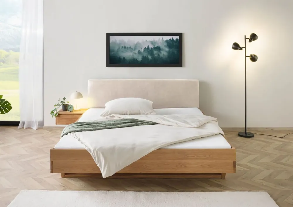 Bett mit Nachttisch links Eiche 160x200x85 natur geölt, Kopfteil beige FICHTELBERG #150 Top-Preis