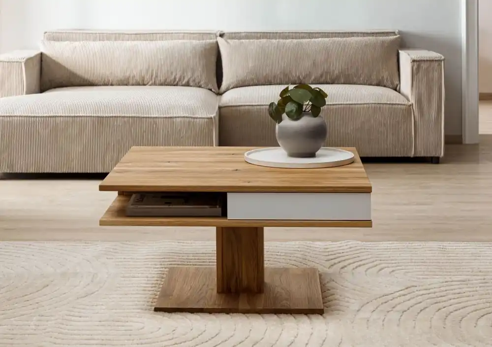 Couchtisch Wildeiche 85x85x45 natur geölt / Glas weiß WIEN #100 Günstig