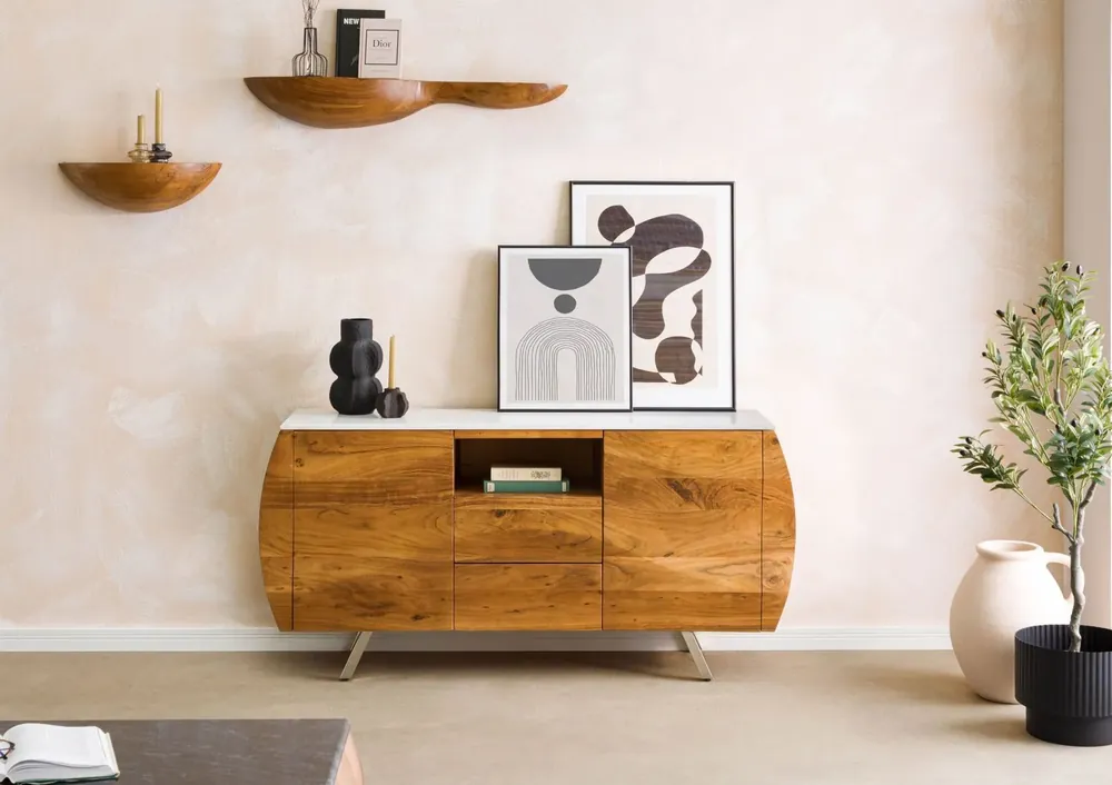 Saisonangebot Sideboard Akazie 154x40x75 natur lackiert / Marmor weiß MONTREAL #126