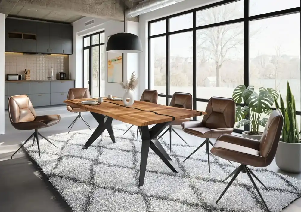 Neue Kollektion Baumtisch Akazie 220x100x76 natur lackiert / Epoxid schwarz, Sterngestell anthrazit glänzend EPOXY