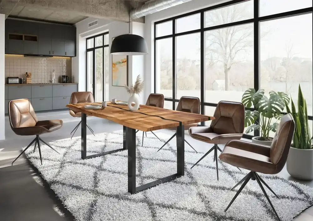 Baumtisch Akazie 220x100x76 natur lackiert / Epoxid schwarz, U-Beine anthrazit glänzend EPOXY Meistverkauft