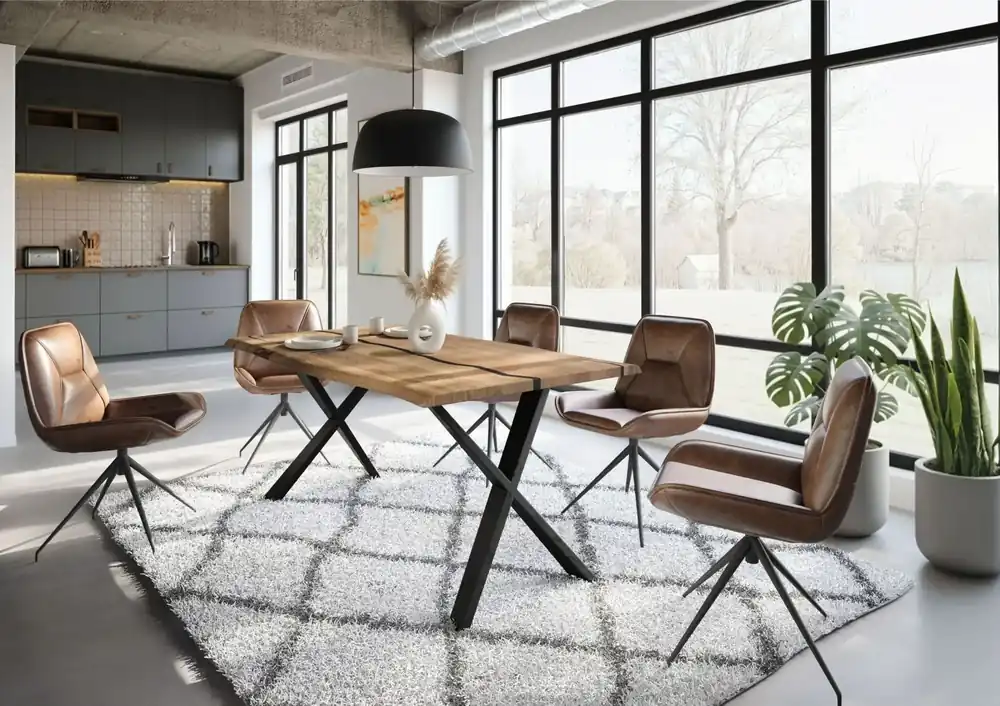 Baumtisch Mango 160x90x76 natur lackiert / Epoxid schwarz, ausgestellte X-Beine anthrazit matt EPOXY Geprüft