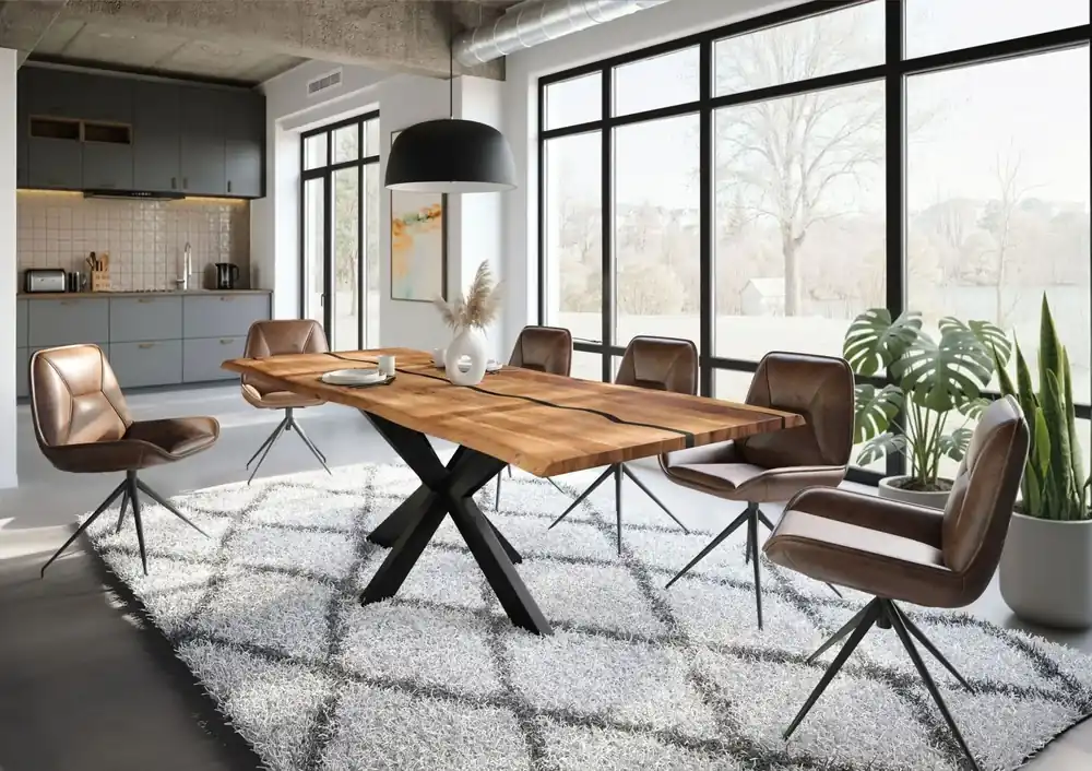 Preis Gesenkt Baumtisch Akazie 260x100x74 natur lackiert / Epoxid schwarz, Kreuzgestell anthrazit matt EPOXY