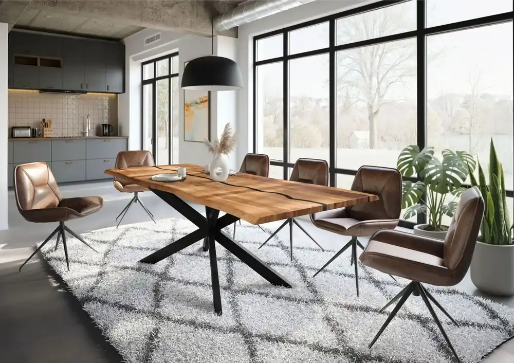 Bestpreis Baumtisch Akazie 260x100x76 natur lackiert / Epoxid schwarz, Kreuzgestell 2 anthrazit matt EPOXY