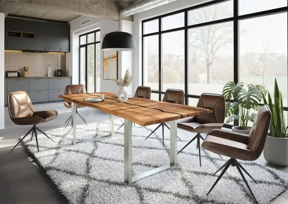 Baumtisch Akazie 260x100x76 natur lackiert / Epoxid schwarz, U-Beine silber matt EPOXY Preisknaller