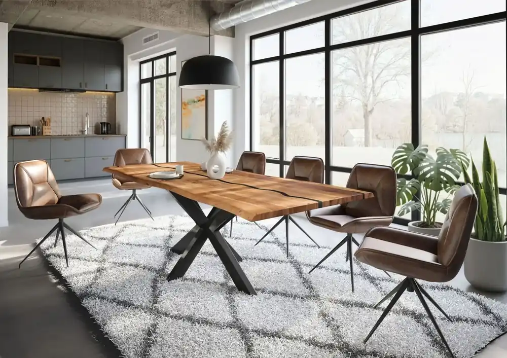 Sale Baumtisch Akazie 240x100x74 natur lackiert / Epoxid schwarz, Kreuzgestell anthrazit glänzend EPOXY