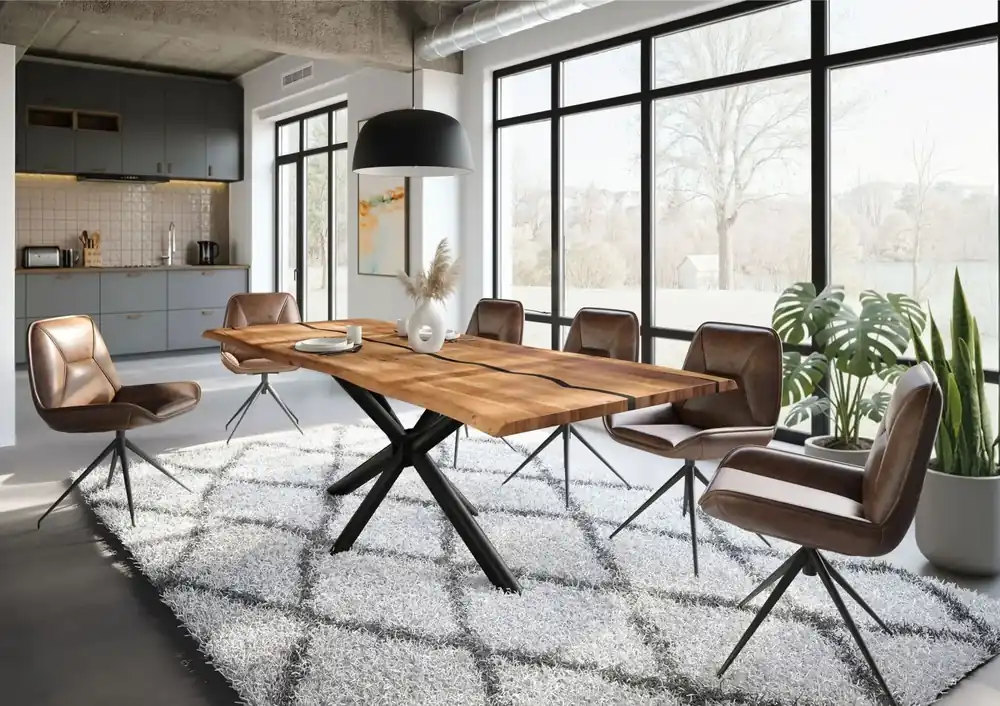 Baumtisch Akazie 240x100x74 natur lackiert / Epoxid schwarz, Kreuzgestell rund anthrazit matt EPOXY Bestpreis