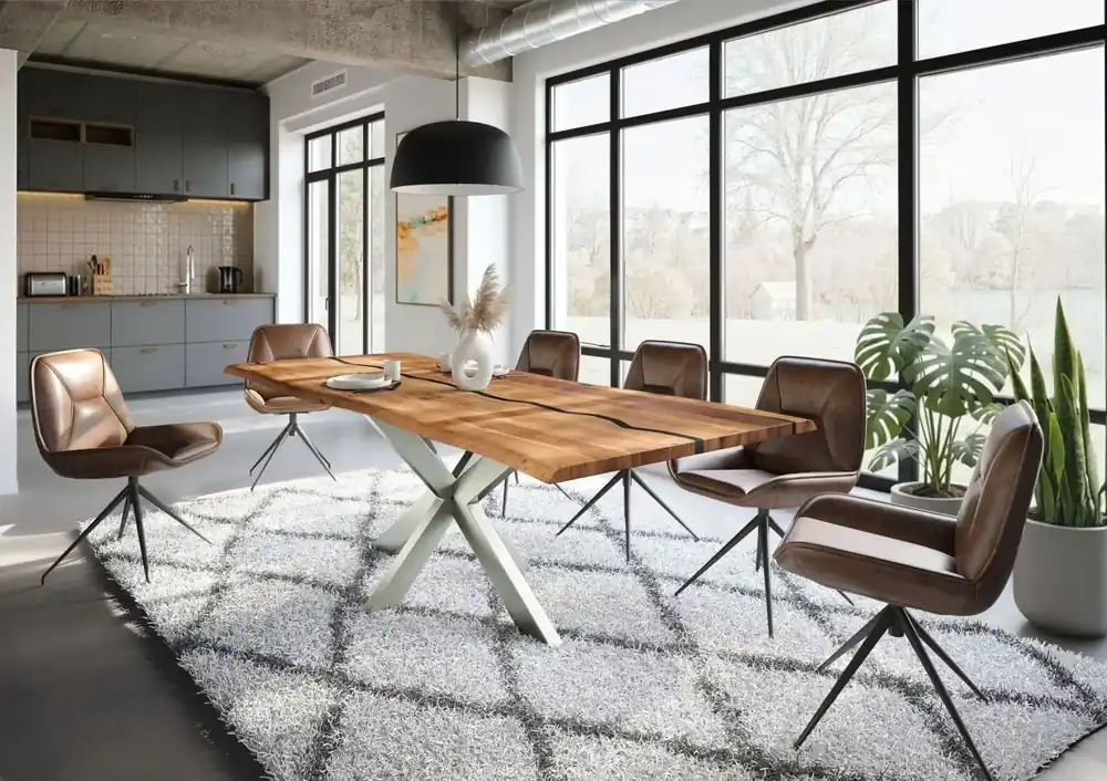 Baumtisch Akazie 240x100x74 natur lackiert / Epoxid schwarz, Kreuzgestell silber matt EPOXY Angebot