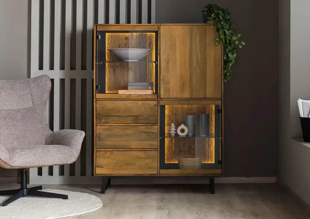 Highboard Mango / Altholz 111x47x145 schwarz / natur lackiert DAVIS #30 Neu Im Sortiment