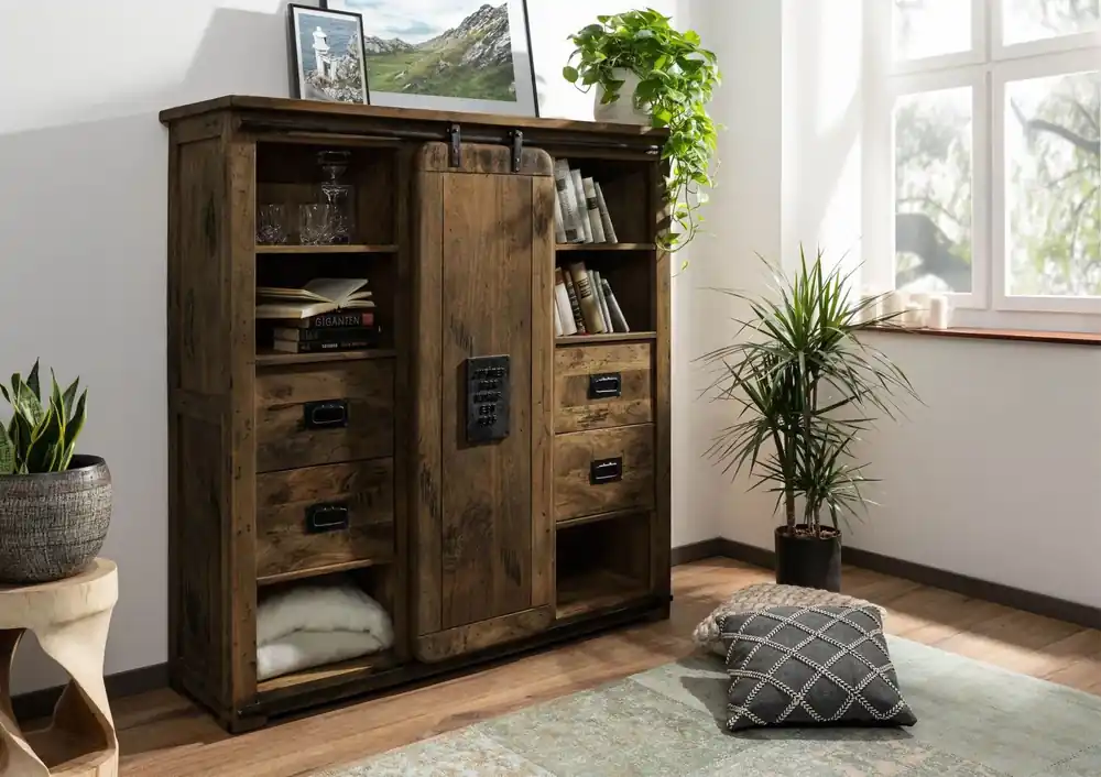 Saisonangebot Highboard Mango 142x45x147 braun lackiert RAILWAY #462
