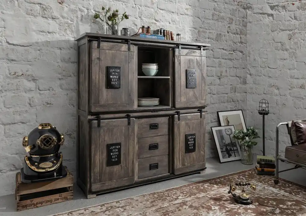 Highboard Mango 150x45x160 grau lackiert RAILWAY #225 Expressversand