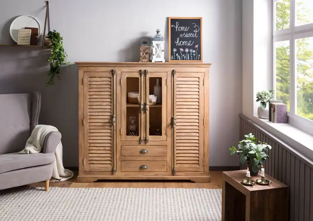 Highboard Mango 160x45x142 beige geölt TOULOUSE #15 Sichere Zahlung
