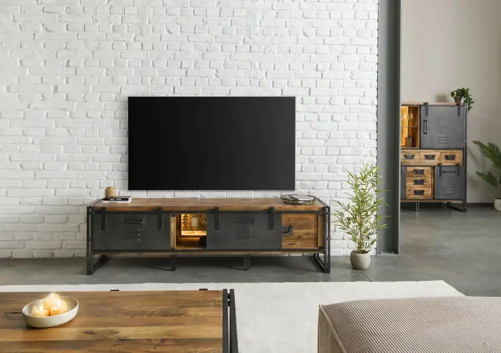 TV-Board Mango / Altholz 200x45x55 natur / grau lackiert / Metall grau BLACKBURN LUX #401 Sofort Bestellen