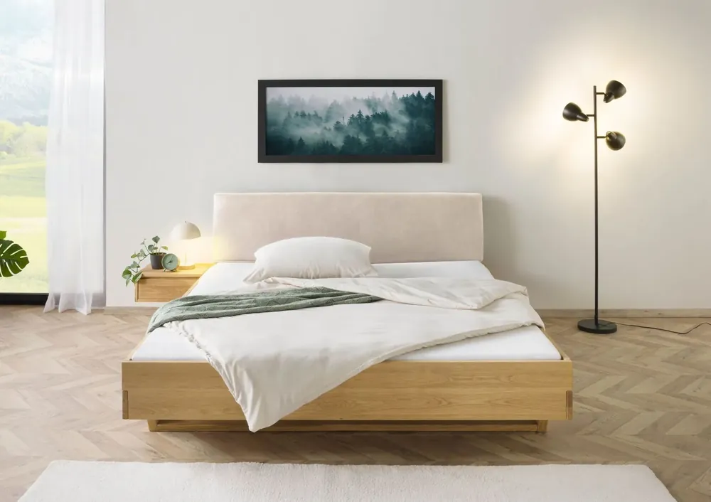 Direktkauf Bett mit Nachttisch links Fichte 180x200x85 natur gebeizt / geölt, Kopfteil beige FICHTELBERG #155