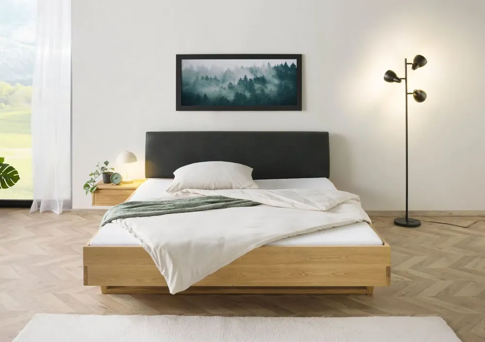 Bett mit Nachttisch links Fichte 200x200x85 natur gebeizt / geölt, Kopfteil anthrazit FICHTELBERG #56 Versand Am Gleichen Tag