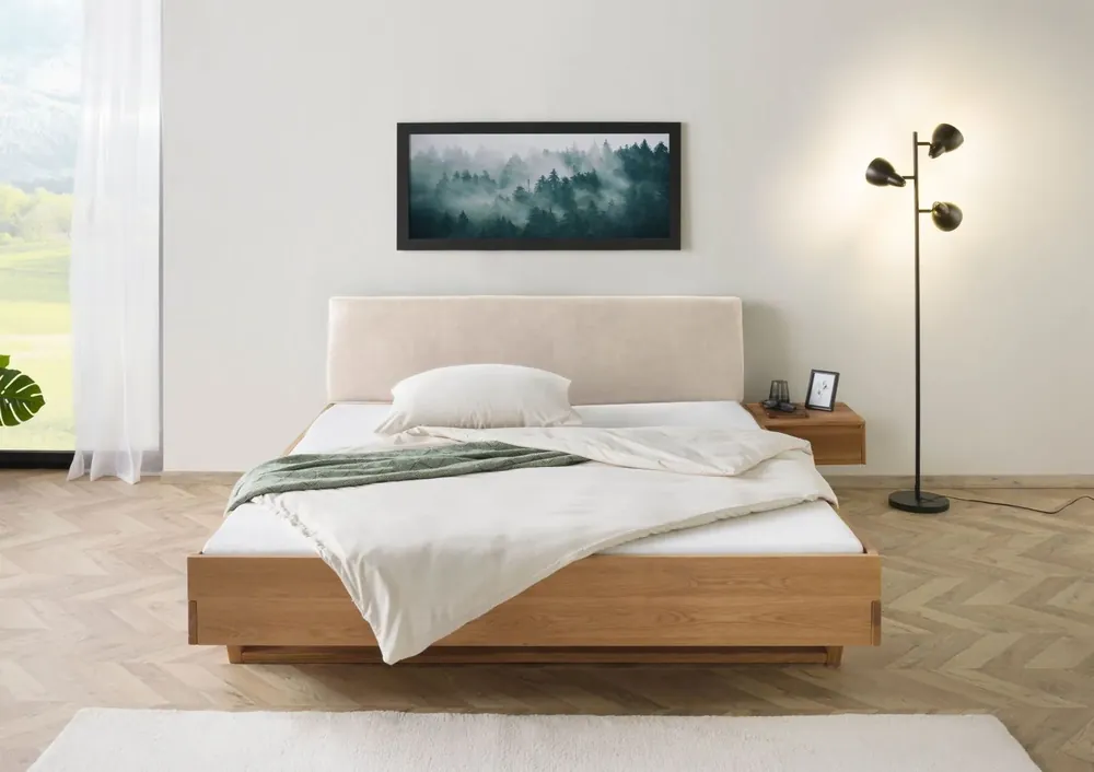 Wochenendangebot Bett mit Nachttisch rechts Eiche 200x200x85 natur geölt, Kopfteil beige FICHTELBERG #132