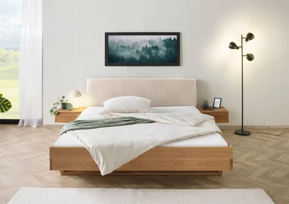Bett mit Nachttischen Eiche 140x200x85 natur geölt, Kopfteil beige FICHTELBERG #133 Knallerangebot