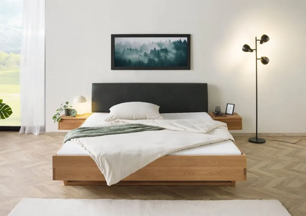 Finale Aktion Bett mit Nachttischen Eiche 160x200x85 natur geölt, Kopfteil anthrazit FICHTELBERG #34