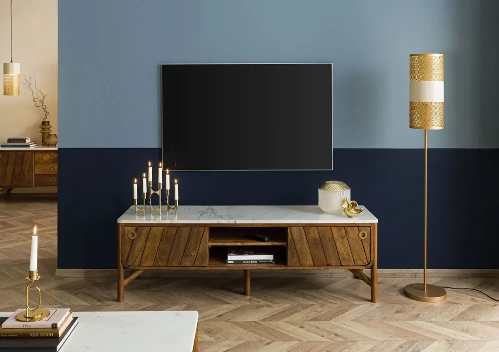 Billig TV-Board Mango 160x45x50 braun geölt / echter Marmor LOS ANGELES #01