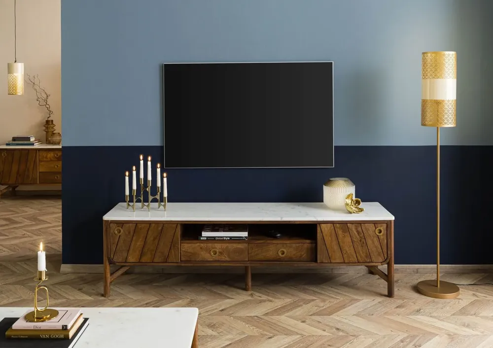 TV-Board Mango 180x45x50 braun geölt / echter Marmor LOS ANGELES #03 Finale Aktion