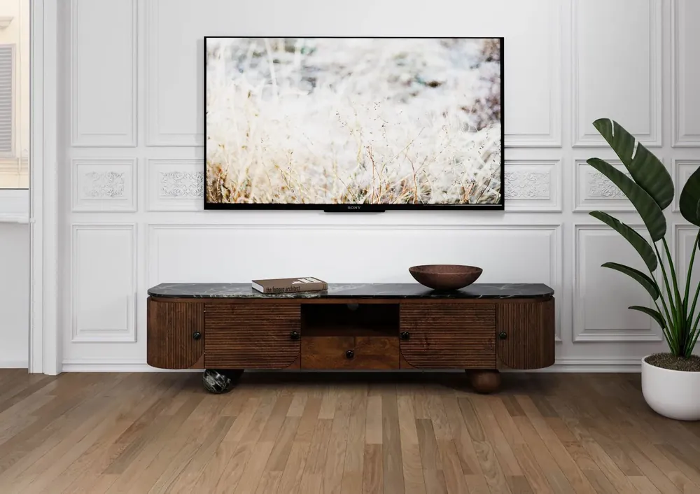 Kracherpreis TV-Board Mango 200x40x50 dunkelbraun lackiert / Marmor schwarz FLORENZ #201