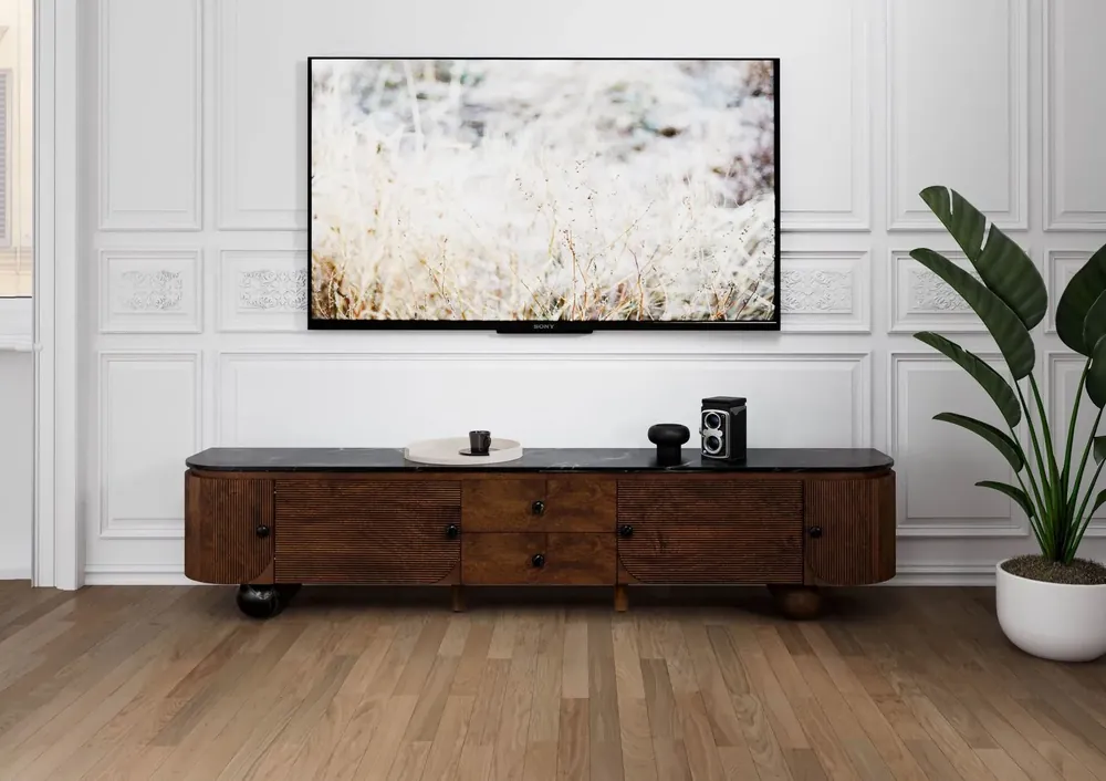 Preisreduziert TV-Board Mango 220x40x50 dunkelbraun lackiert / Marmor schwarz FLORENZ #202