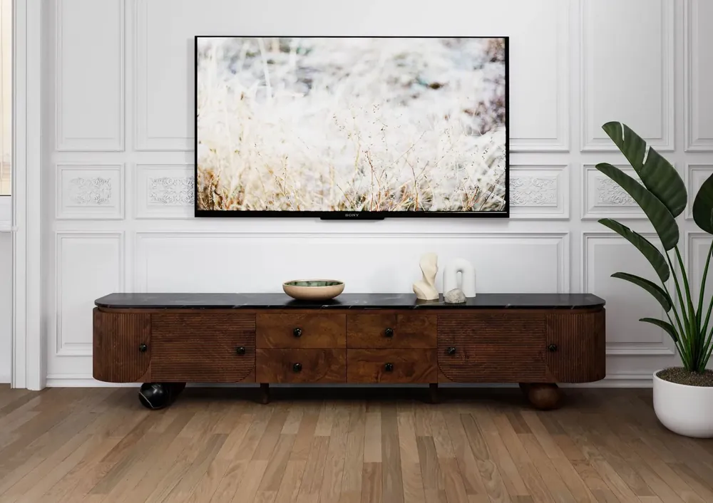 TV-Board Mango 240x40x50 dunkelbraun lackiert / Marmor schwarz FLORENZ #203 Sonderangebot