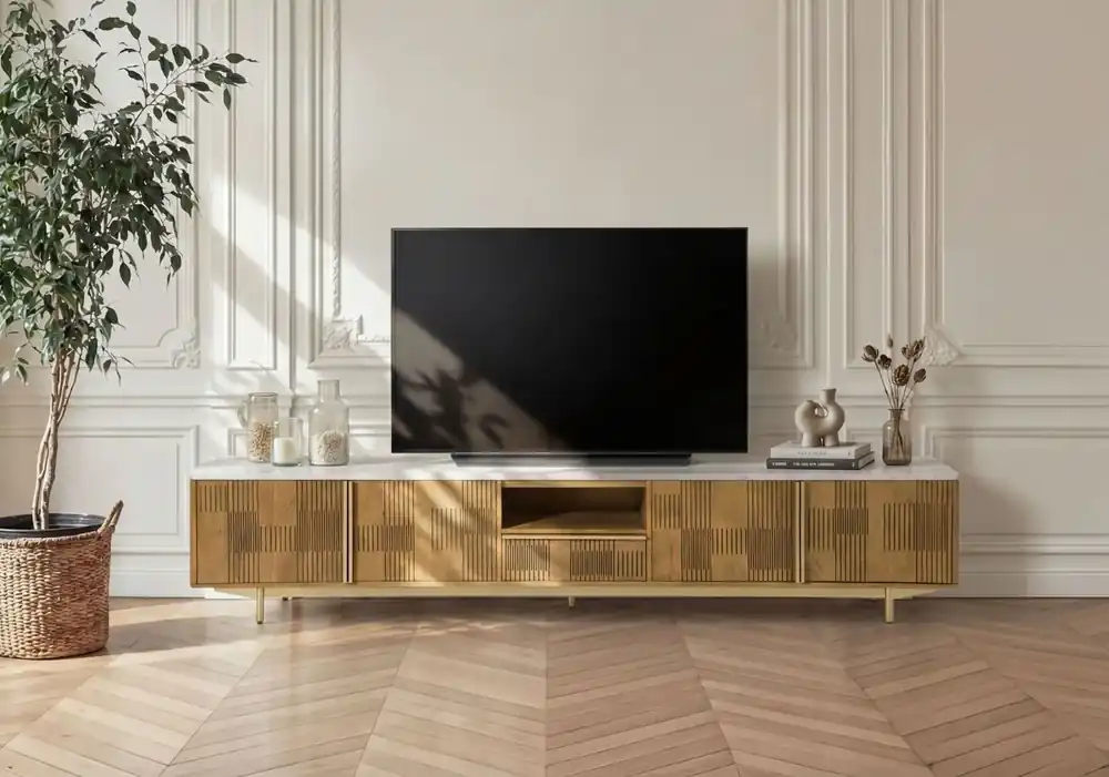 TV-Board Mango 240x40x50 hellbraun geölt / Marmor weiß MIAMI #107 Schneller Versand