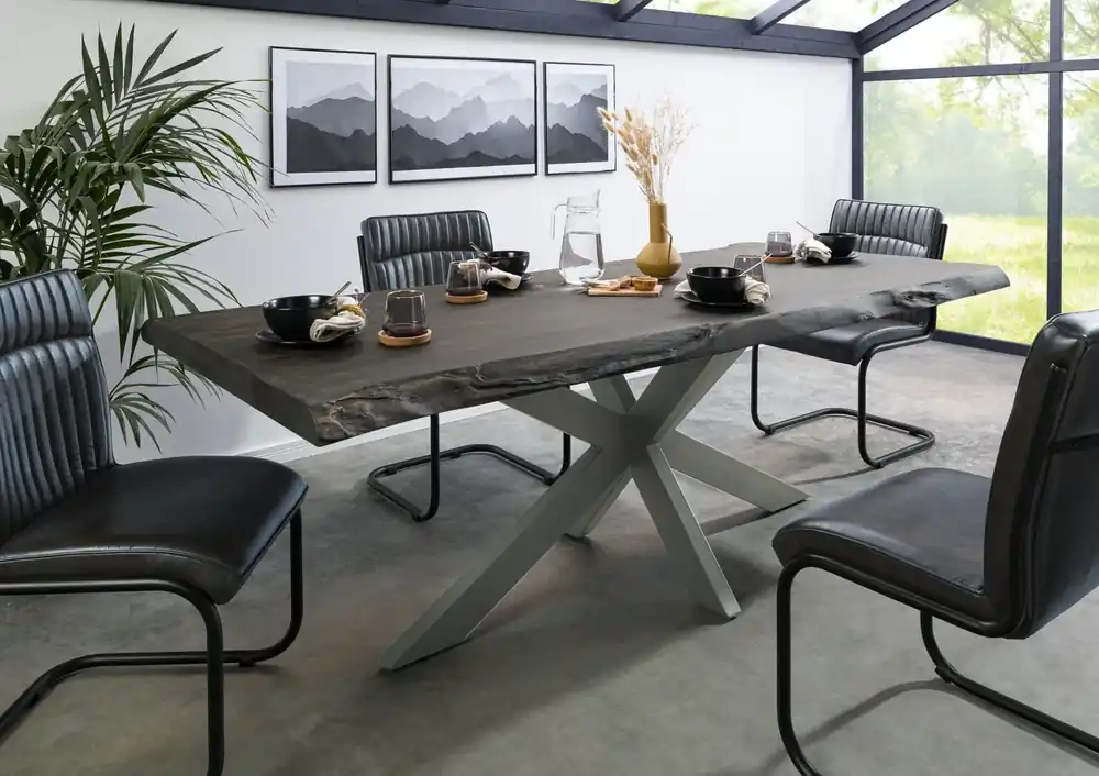 Baumtisch Mango 180x90x77 grau lackiert / Kreuzgestell silber matt FREEFORM 5 Heißes Angebot