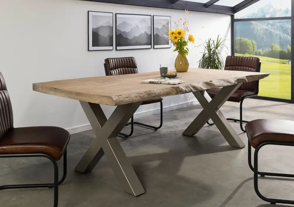 Baumtisch Mango 200x100x77 beige lackiert / X-Beine silber matt FREEFORM 5 Heißes Angebot