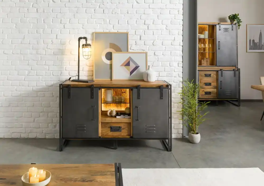 Sideboard Mango / Altholz 150x45x90 natur / grau lackiert / Metall grau BLACKBURN LUX #411 Knallerangebot
