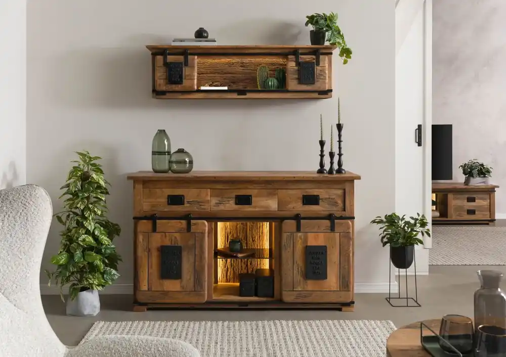 Mega-Angebot Sideboard Mango / Altholz 150x45x90 natur lackiert RAILWAY LUX #100