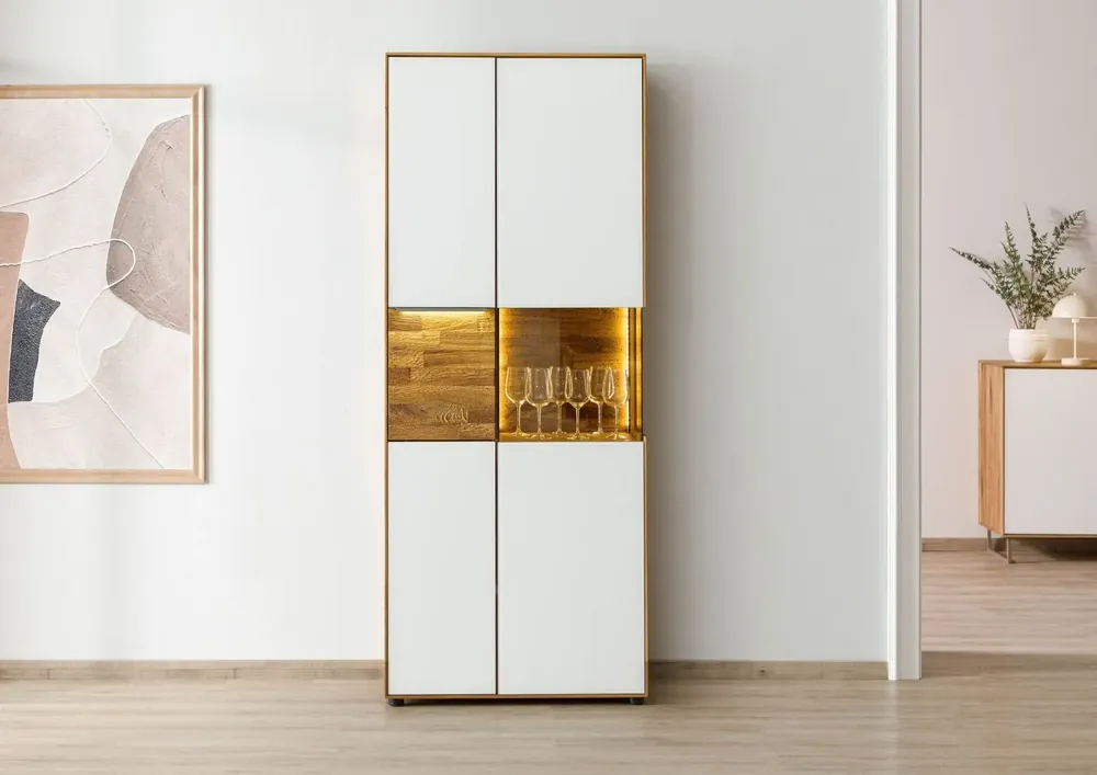 Schrank Wildeiche 80x43x200 natur geölt / Glas weiß WIEN #140 Neue Kollektion