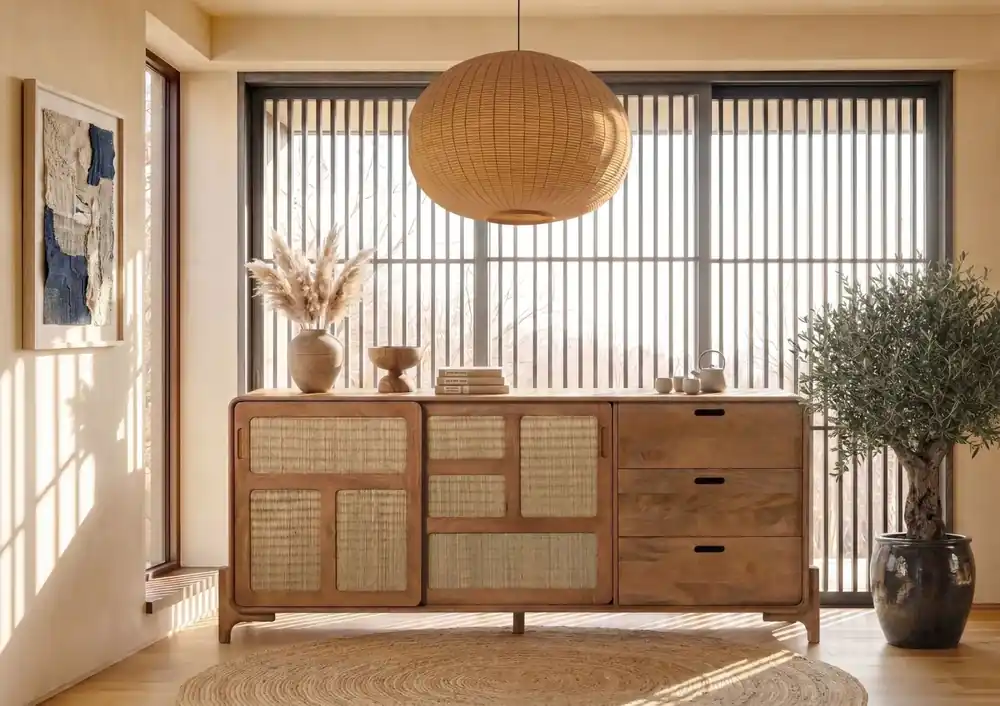 Sideboard Mango/Seegras 200x40x80 hellbraun lackiert MIZUMI #101 Letzte Chance