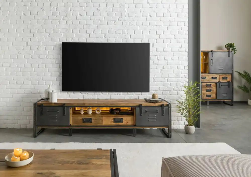 Mega-Angebot TV-Board Mango / Altholz 220x45x55 natur / grau lackiert / Metall grau BLACKBURN LUX #412