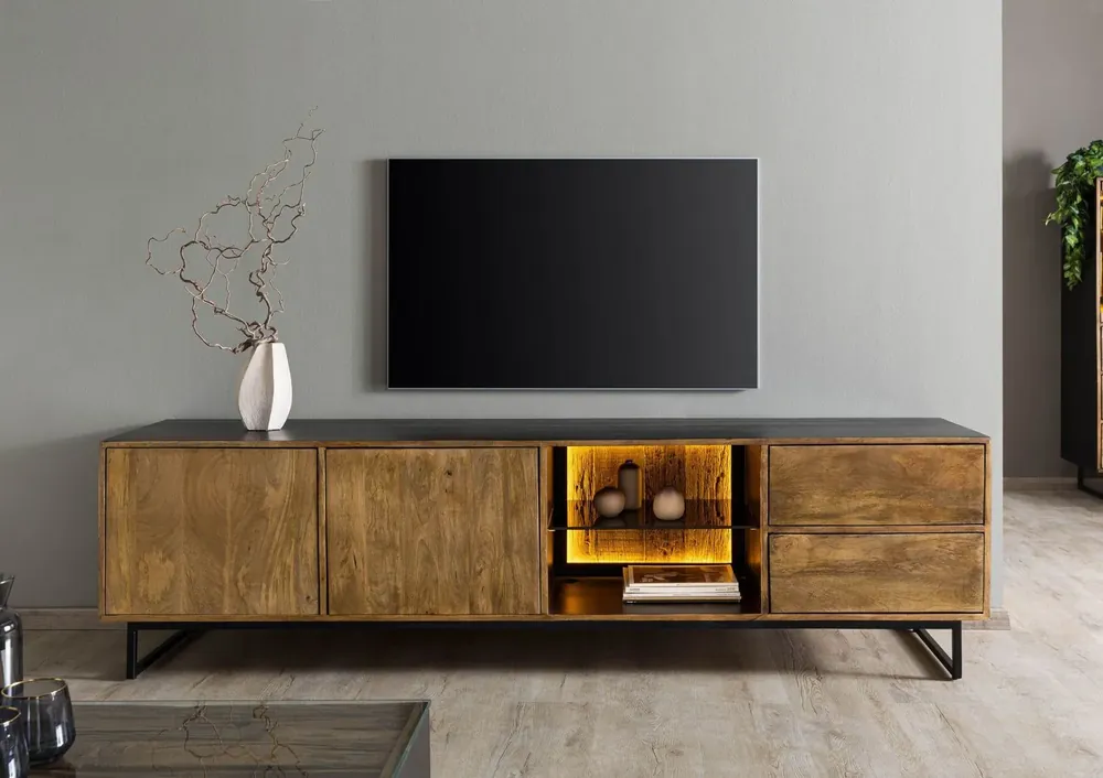 TV-Board Mango / Altholz 220x47x60 schwarz / natur lackiert DAVIS #22 Neue Kollektion