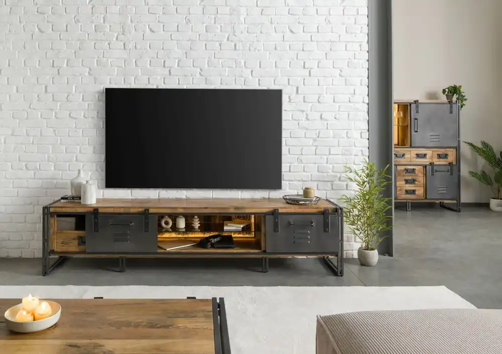 TV-Board Mango / Altholz 240x45x55 natur lackiert / Metall grau BLACKBURN LUX #556 Super-Preis