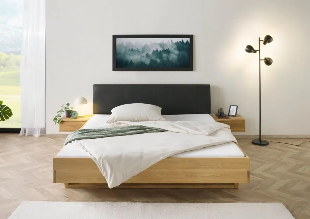 Billig Bett mit Nachttischen Fichte 140x200x85 natur gebeizt / geölt, Kopfteil anthrazit FICHTELBERG #45