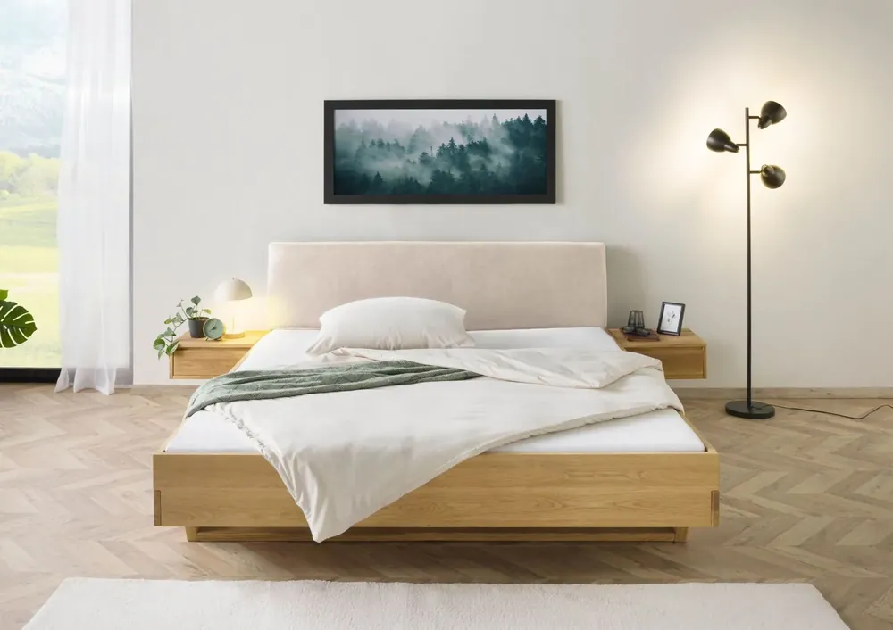 Must-Have Bett mit Nachttischen Fichte 180x200x85 natur gebeizt / geölt, Kopfteil beige FICHTELBERG #147