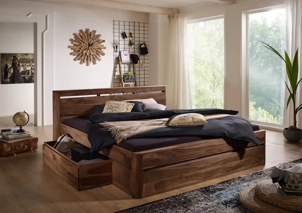 Bett mit Schublade Sheesham 160x200 rot-braun gebeizt TORONTO #161 Aktuell