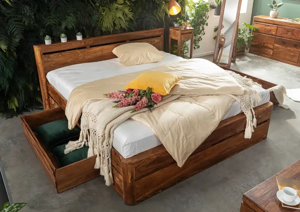 Bett mit Schublade Sheesham 160x200 walnuss gewachst TORONTO #261 Bestpreis