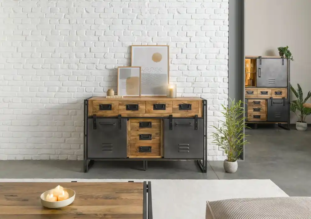 Sideboard Mango 150x45x90 natur lackiert / Metall grau BLACKBURN #310 Top-Angebot